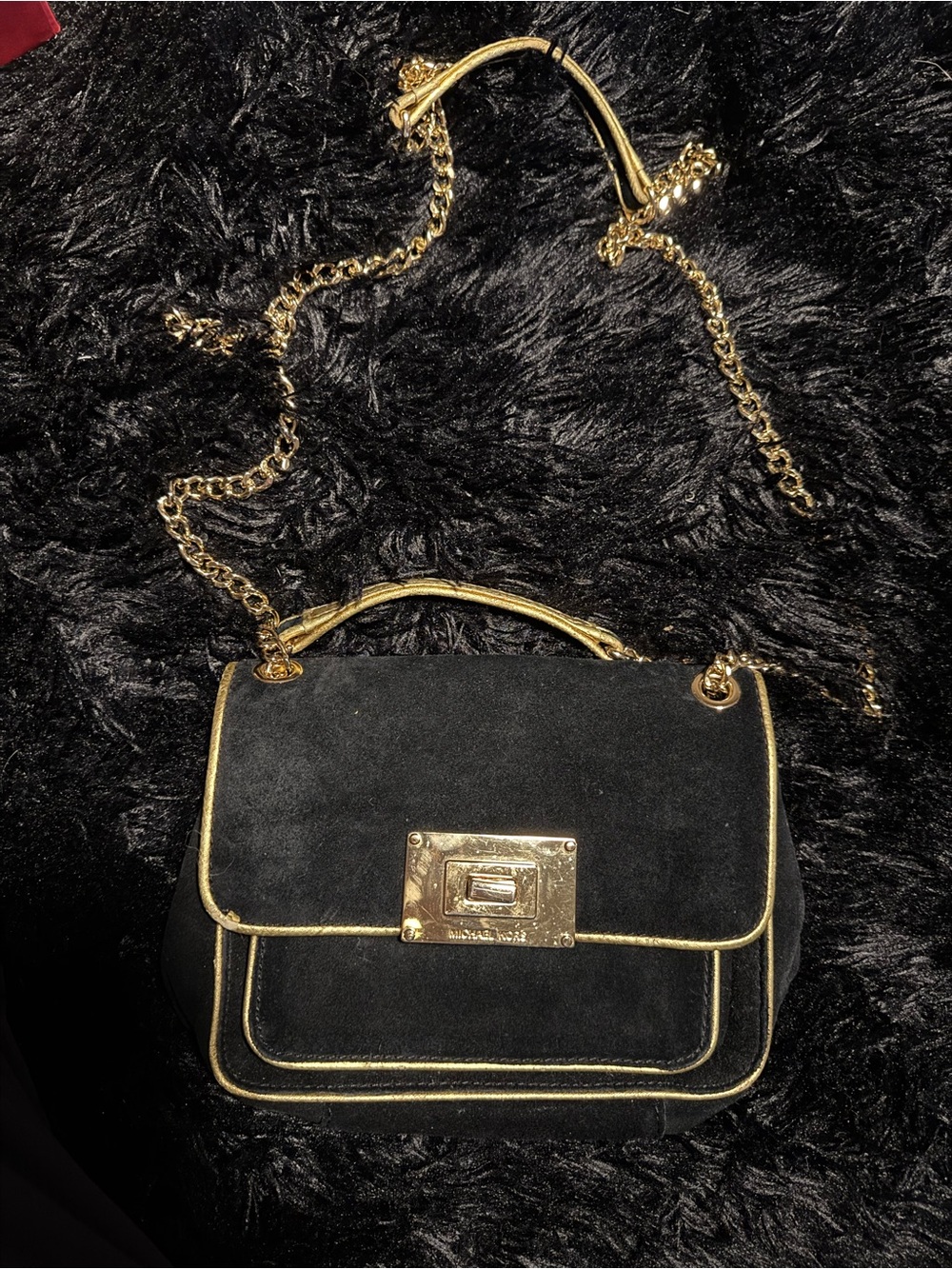 Michael Kors Gold-Trim Black Suede Shoulder Bag with Chain Strap